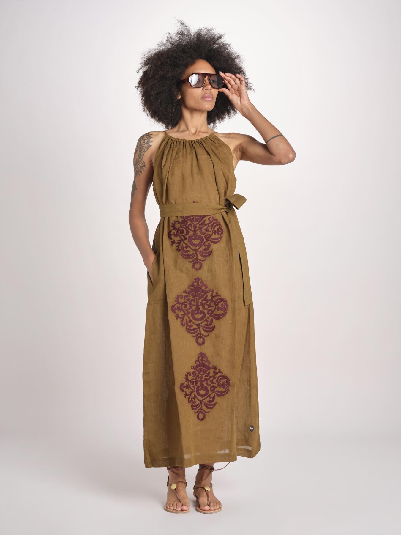 abito lungo BE25245 KHAKI WHINE benaras soleil 