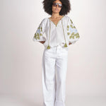 tunica ricamo fiori geometrici BE25308 WHITE LIGHT BLU benaras soleil 