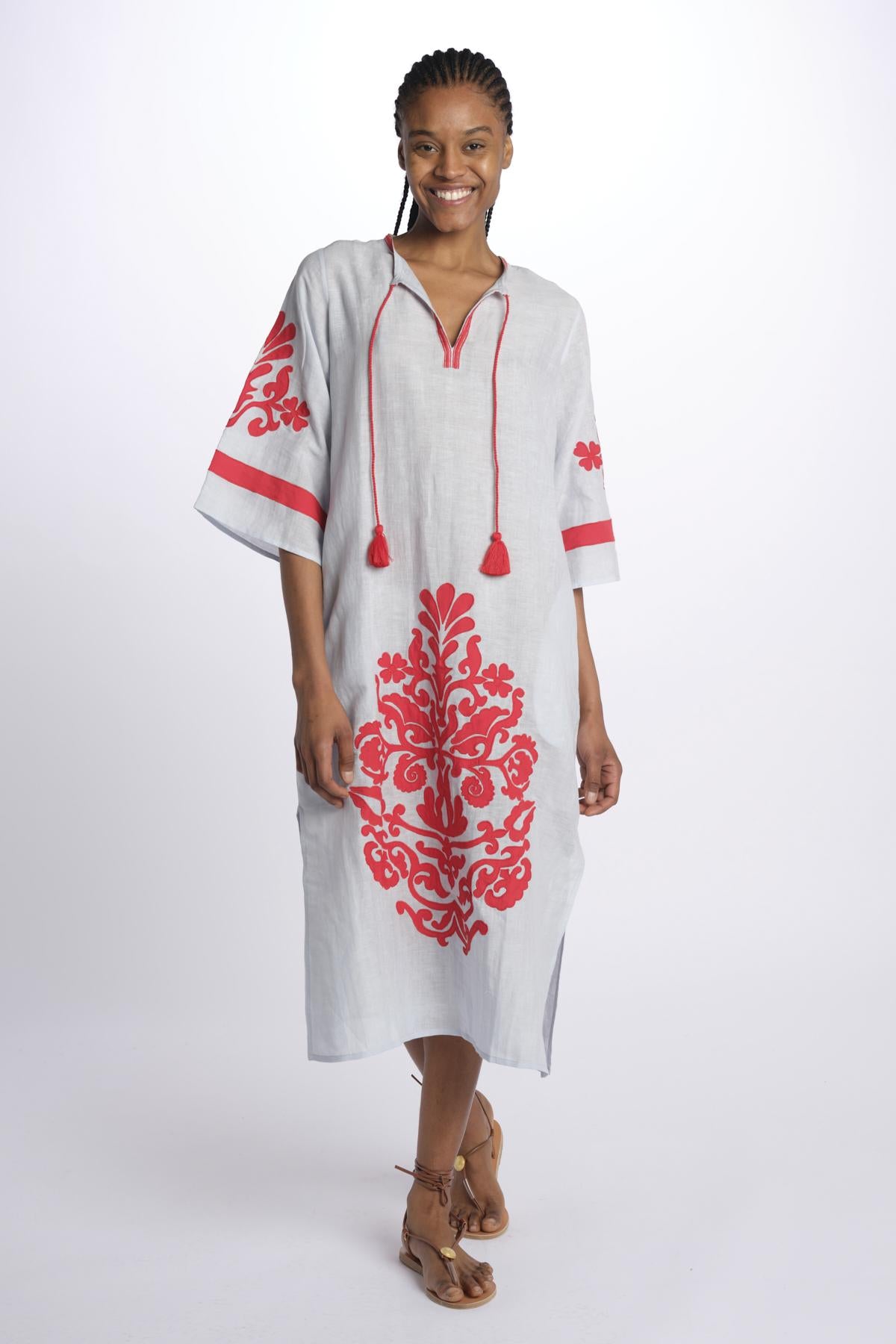 TAHITI  abito con fiori applicati by milaura. BE24876 PALE BLUE RED benaras soleil 