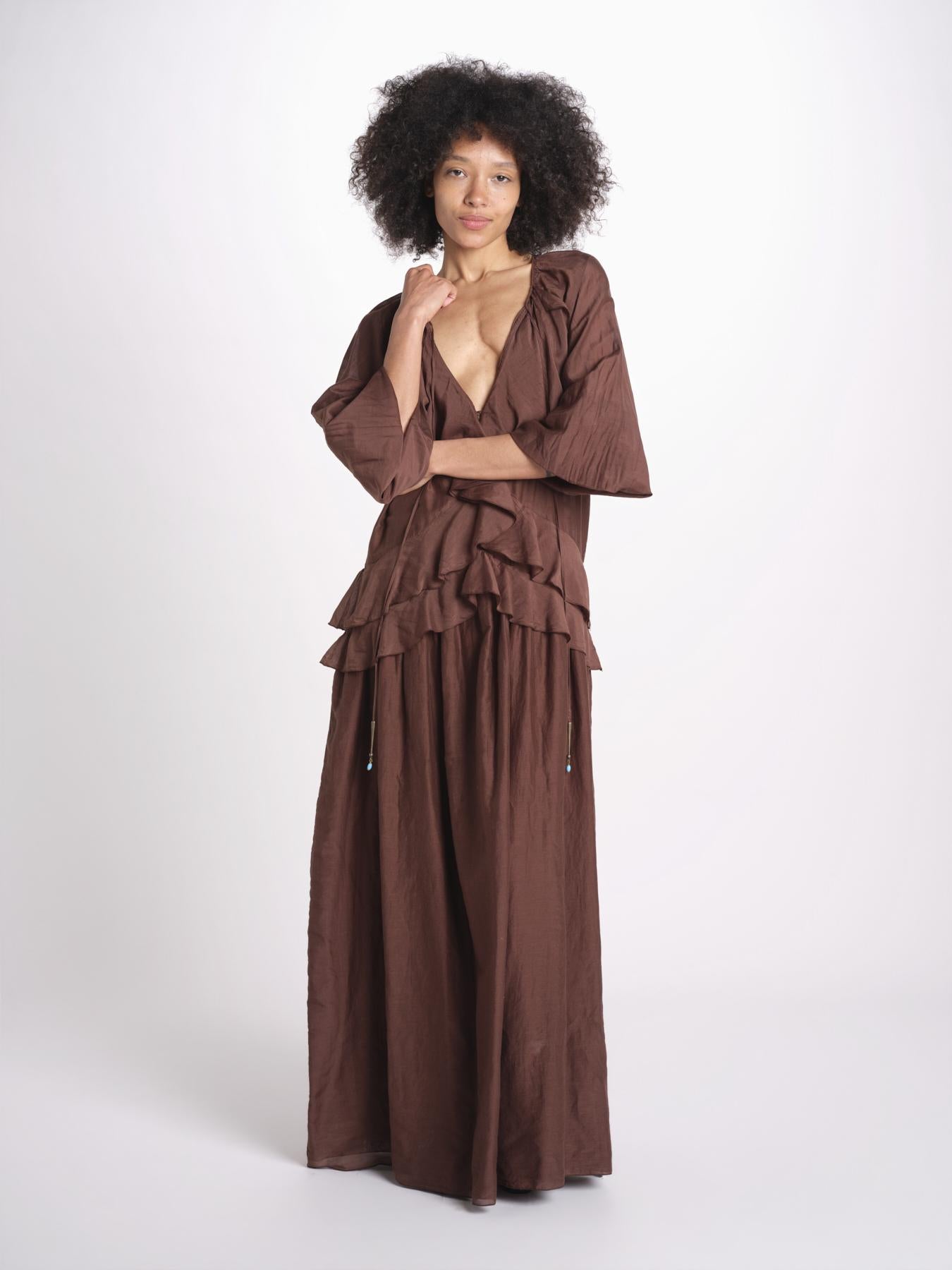 abito lungo con balze ANGE MY001 BROWN fortela 