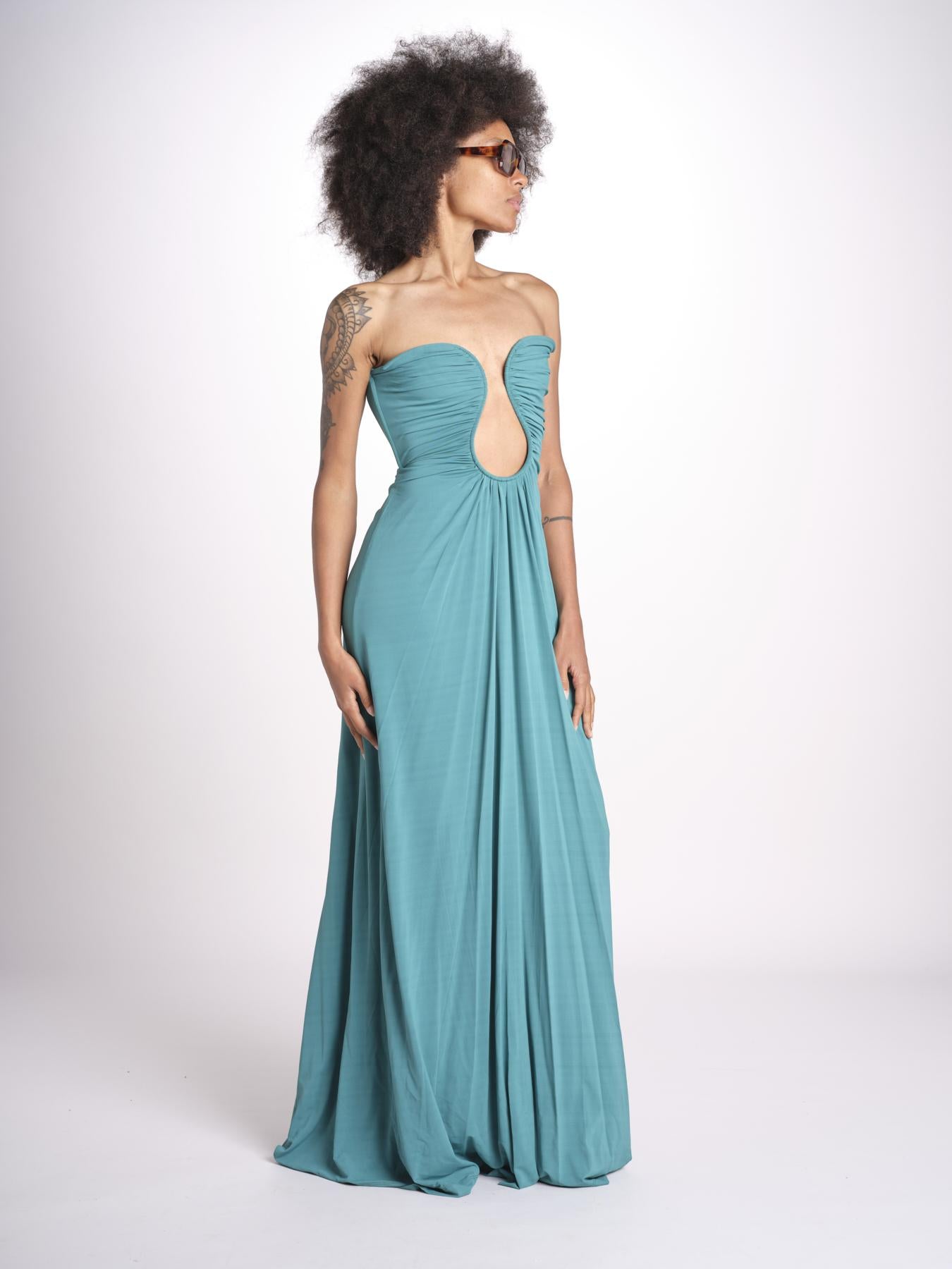 abito lungo con scollo cuore in jersey THE FLORENCE CR339 TEAL BLUE misha 