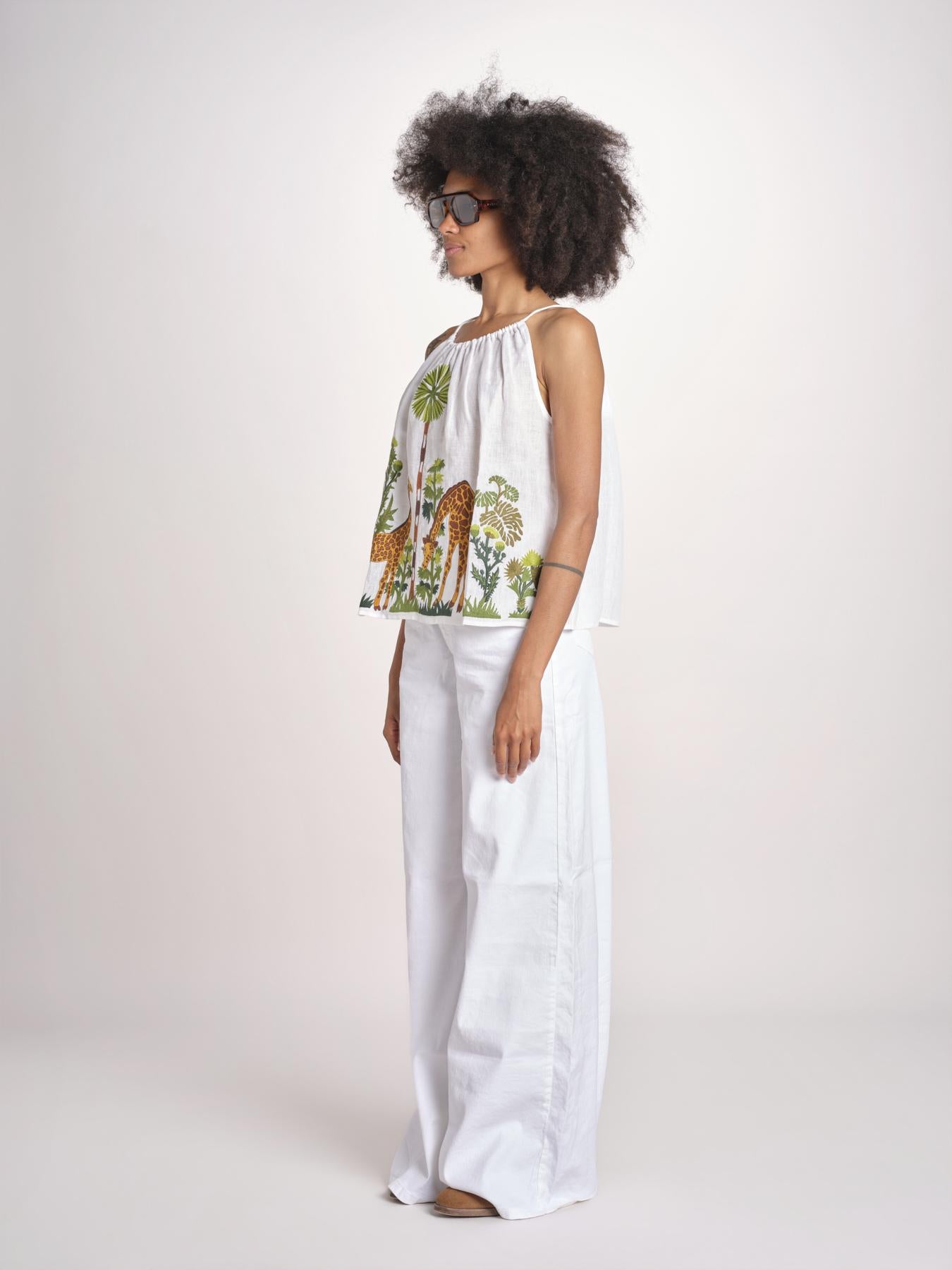 top con spalline ricamo giraffe BE25396 WHITE MULTI benaras soleil 