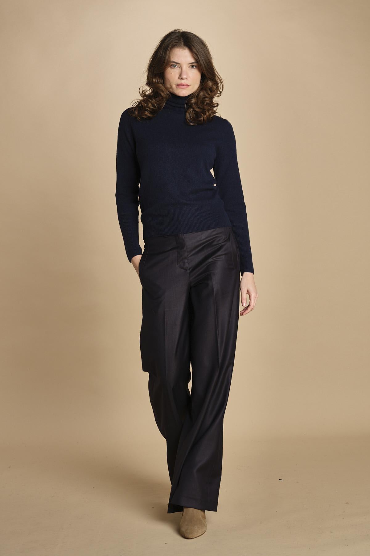 pantalone a vita bassa con elastico in lana e seta. ASTRID STR02 NAVY nine in the morning 