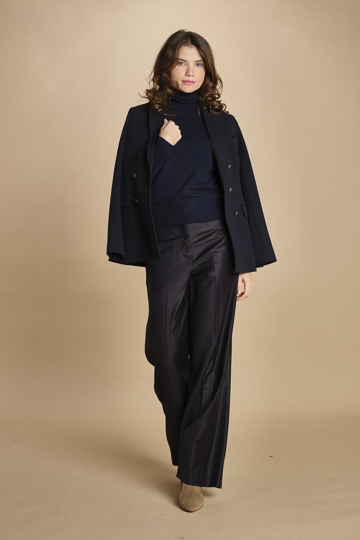 pantalone a vita bassa con elastico in lana e seta. ASTRID STR02 NAVY nine in the morning 