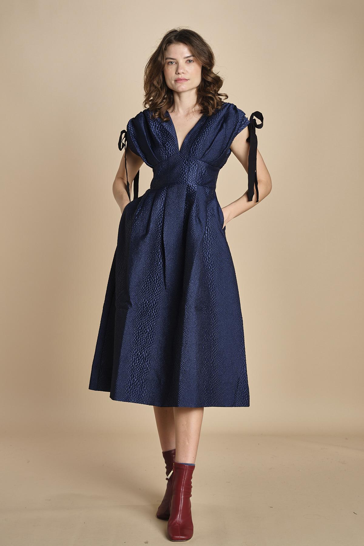 abito midi in tessuto goffrato FAYETTA  035 NAVY sea ny 