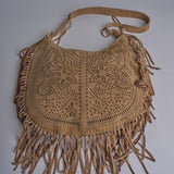 borsa a tracolla con fiori laserati e frange NADINE SUEDE AB07 TABACCO via mail bag 