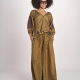 camicia in seta ricamo fiori BE25407 KHAKI BLU benaras soleil 