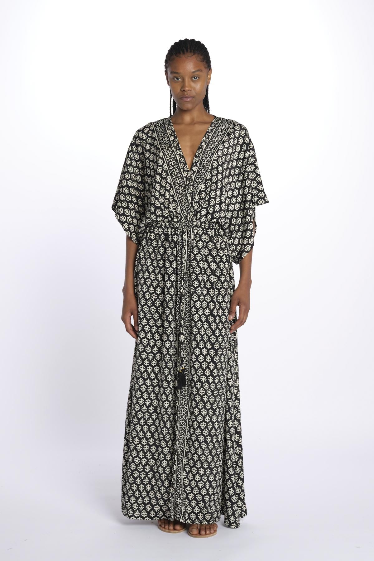ANTOINETTE abito impero con stampa foglie ANTOINETTE INDIAN BLACK laraethnics 