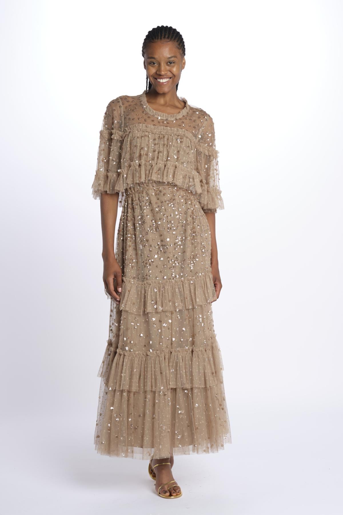 LEILA DOT TIERED LEILA DOT TIERED CAPE ANKLE GOWN FAWN needle & tread 