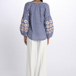MANDAVILLA  camicia A QUADRI con fiori ricamati sulla manica by milaura. BE24913 BLUE WHITE benaras soleil 