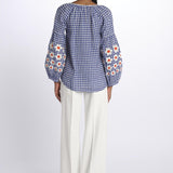 MANDAVILLA  camicia A QUADRI con fiori ricamati sulla manica by milaura. BE24913 BLUE WHITE benaras soleil 