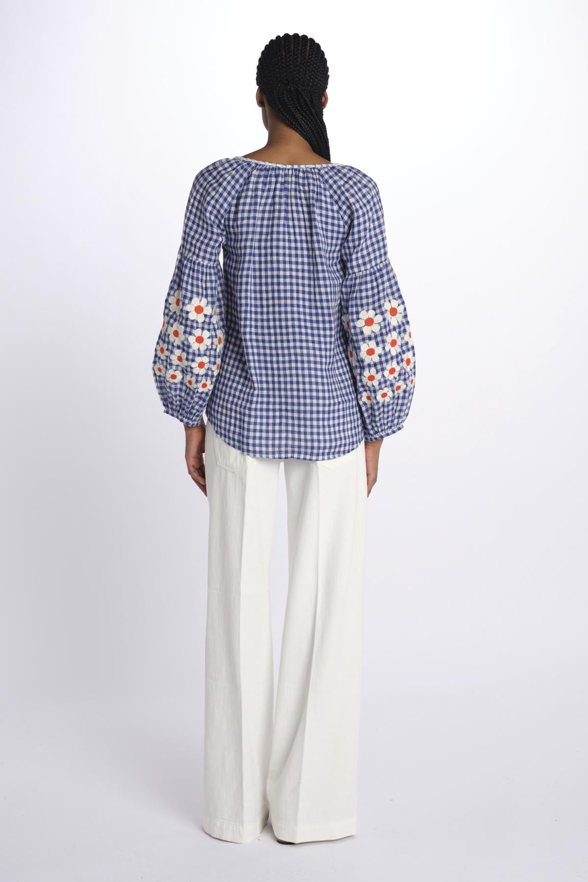 MANDAVILLA  camicia A QUADRI con fiori ricamati sulla manica by milaura. BE24913 BLUE WHITE benaras soleil 