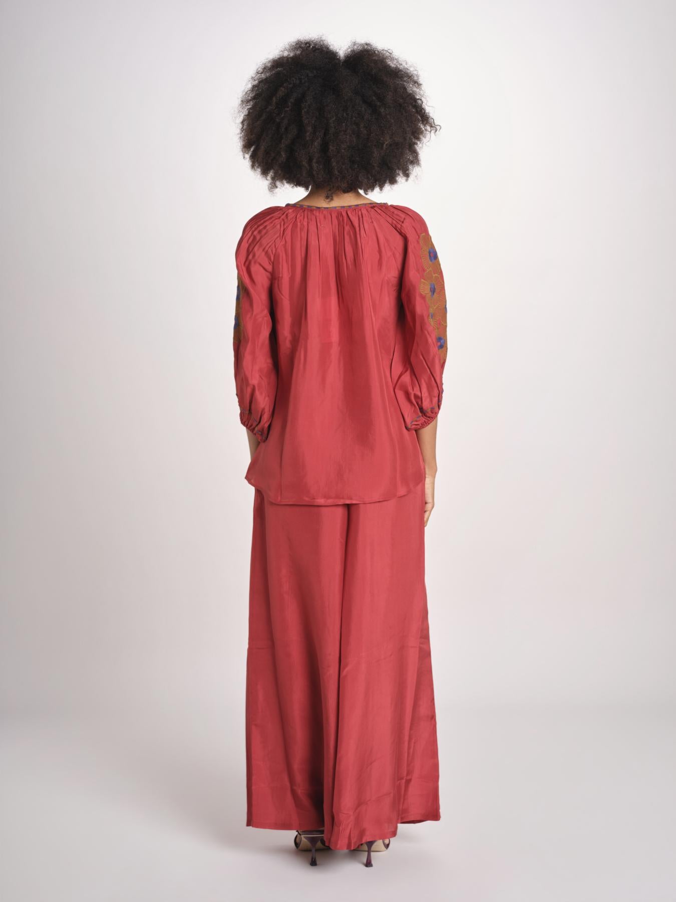 camicia in seta con ricamo fiori BE25407 RUST KHAKI benaras soleil 