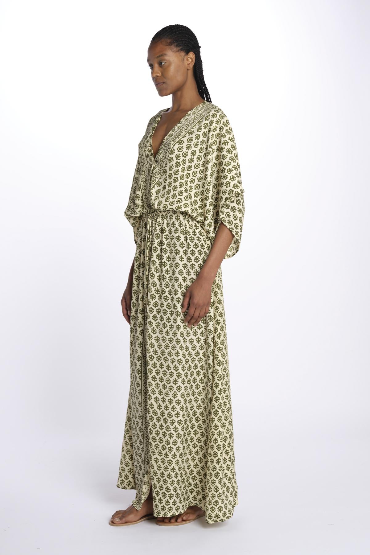ANTOINETTE abito impero con stampa foglie ANTOINETTE INDIAN KAKI laraethnics 