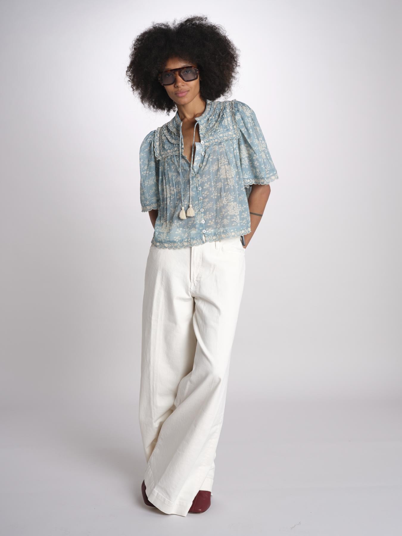 camicia manica corta con stampa fiorellini KIRSTEN 074 SKY sea ny 