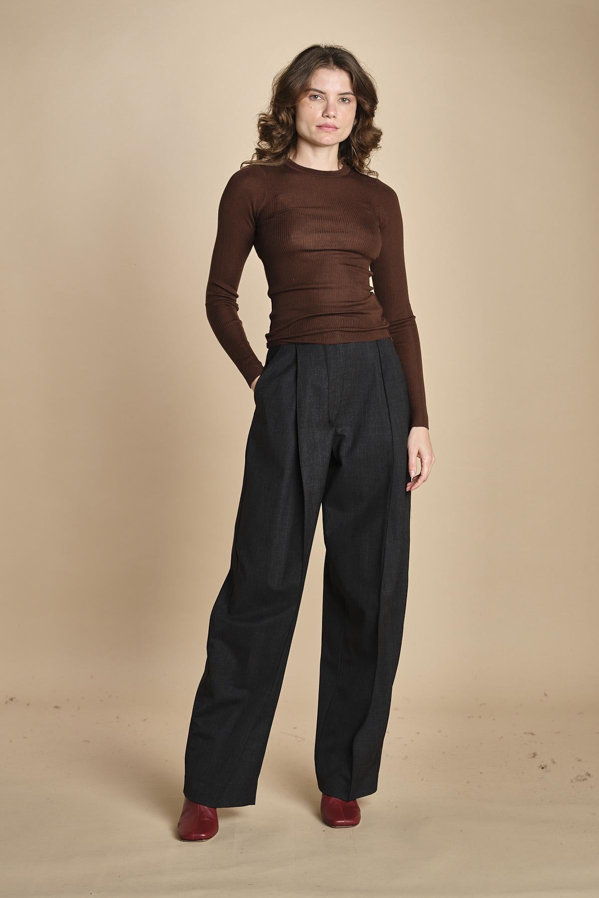 girocollo a costine manica luna in lana merino LAU30 E2220 CIOCCOLATO milaura 
