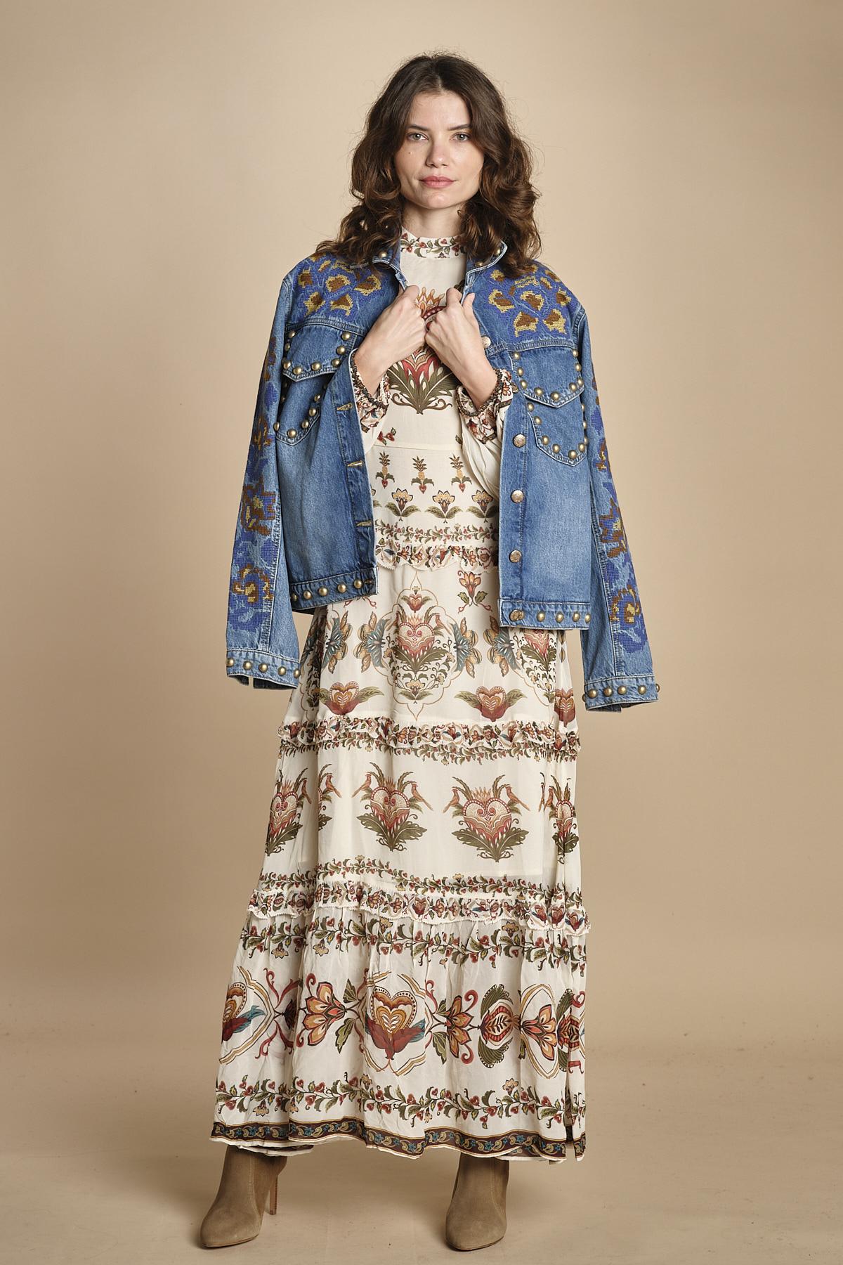 avito lungo con stampa cuori e rouches MAJESTIC HEARTS 346167 CREAM farm rio 