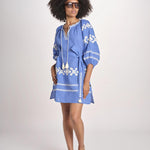 mini abito con ricamo greche BE22222 BLU CORA benaras soleil 