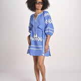 mini abito con ricamo greche BE22222 BLU CORA benaras soleil 