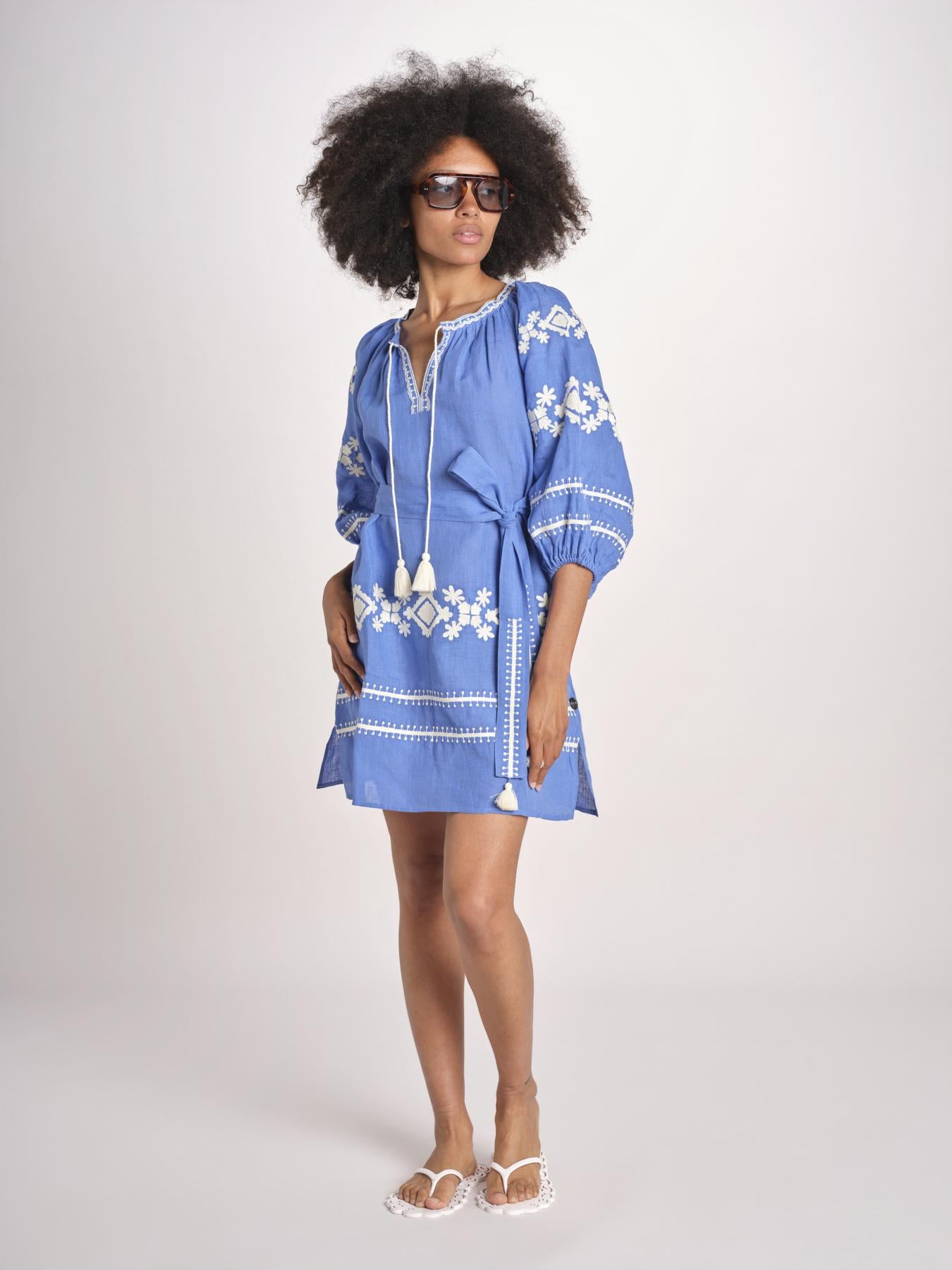 mini abito con ricamo greche BE22222 BLU CORA benaras soleil 
