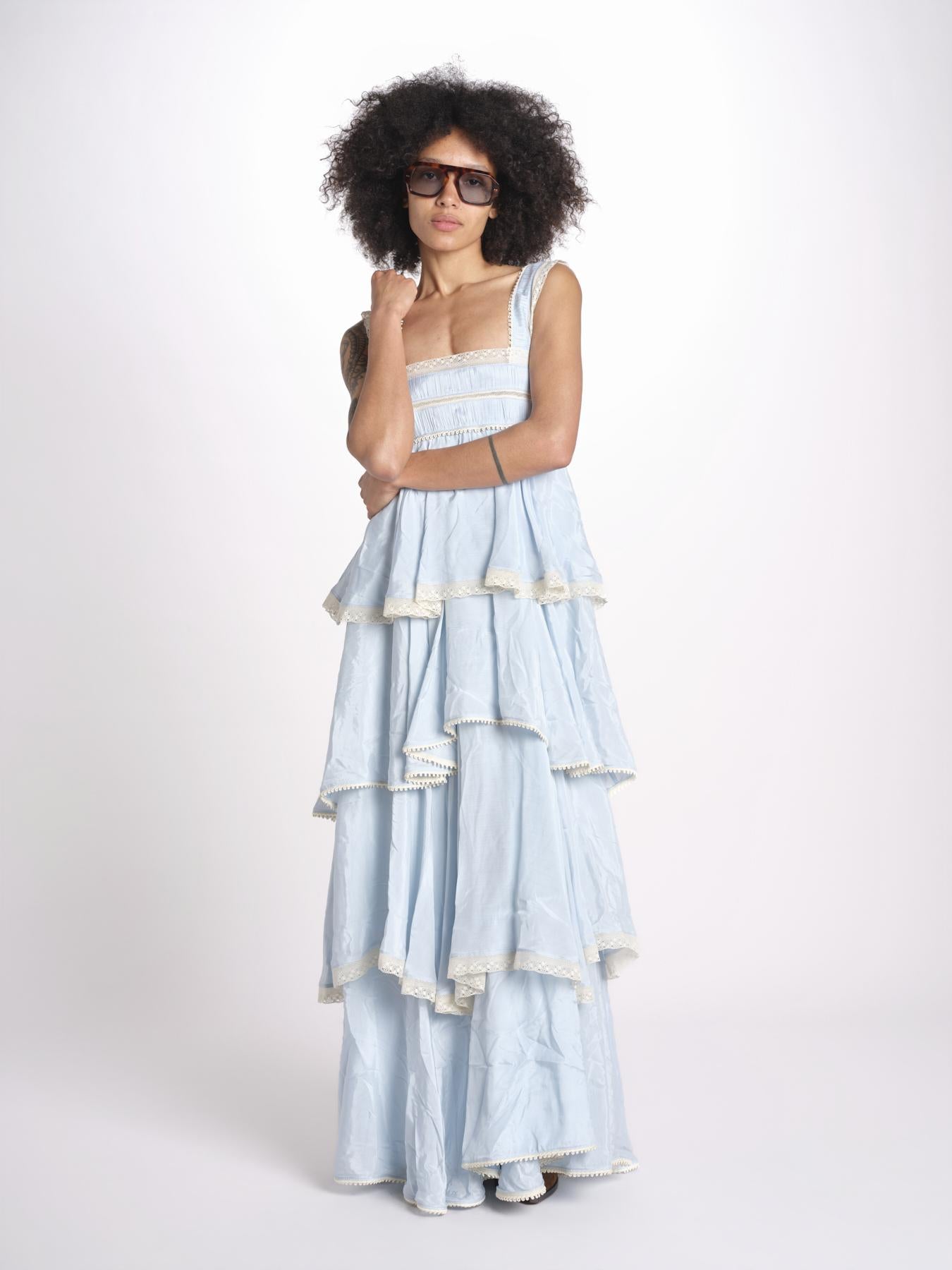 abito lungo a balze e pizzo FIORELLA LVSSS2026105 BLUE lug von siga 