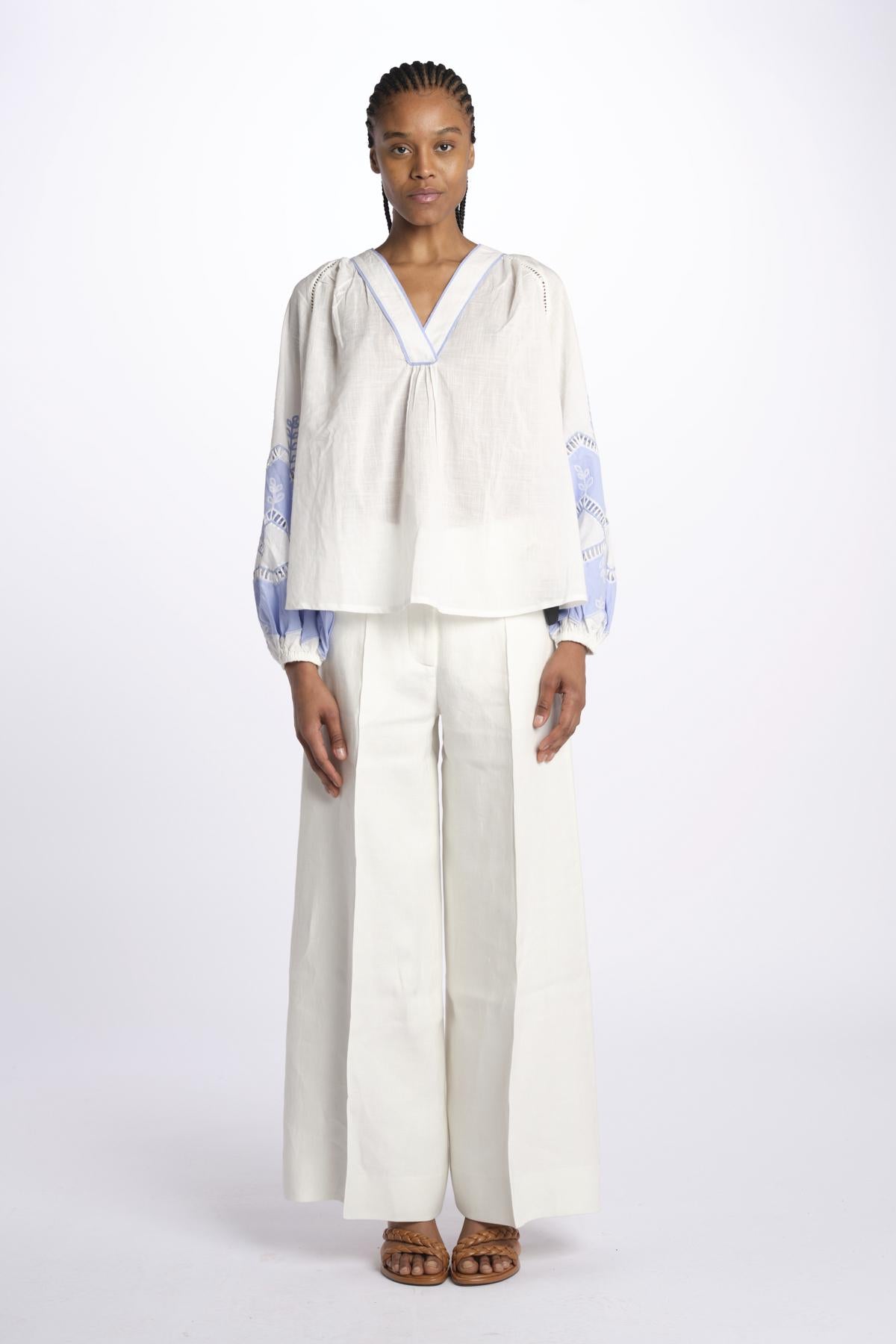 Camicia RENOVO ricamo intarso bicolore RENOVO 1723 WHITE scarlett poppies 