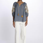 STRIPE FLOWER camicia con fiori ricamati sulla manica by milaura. BE24912 GREY BLUE YELLOW benaras soleil 