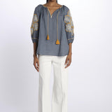 STRIPE FLOWER camicia con fiori ricamati sulla manica by milaura. BE24912 GREY BLUE YELLOW benaras soleil 