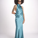 abito lungo in seta con nodo sul retro THE CAMERON DR287 TEAL BLUE misha 