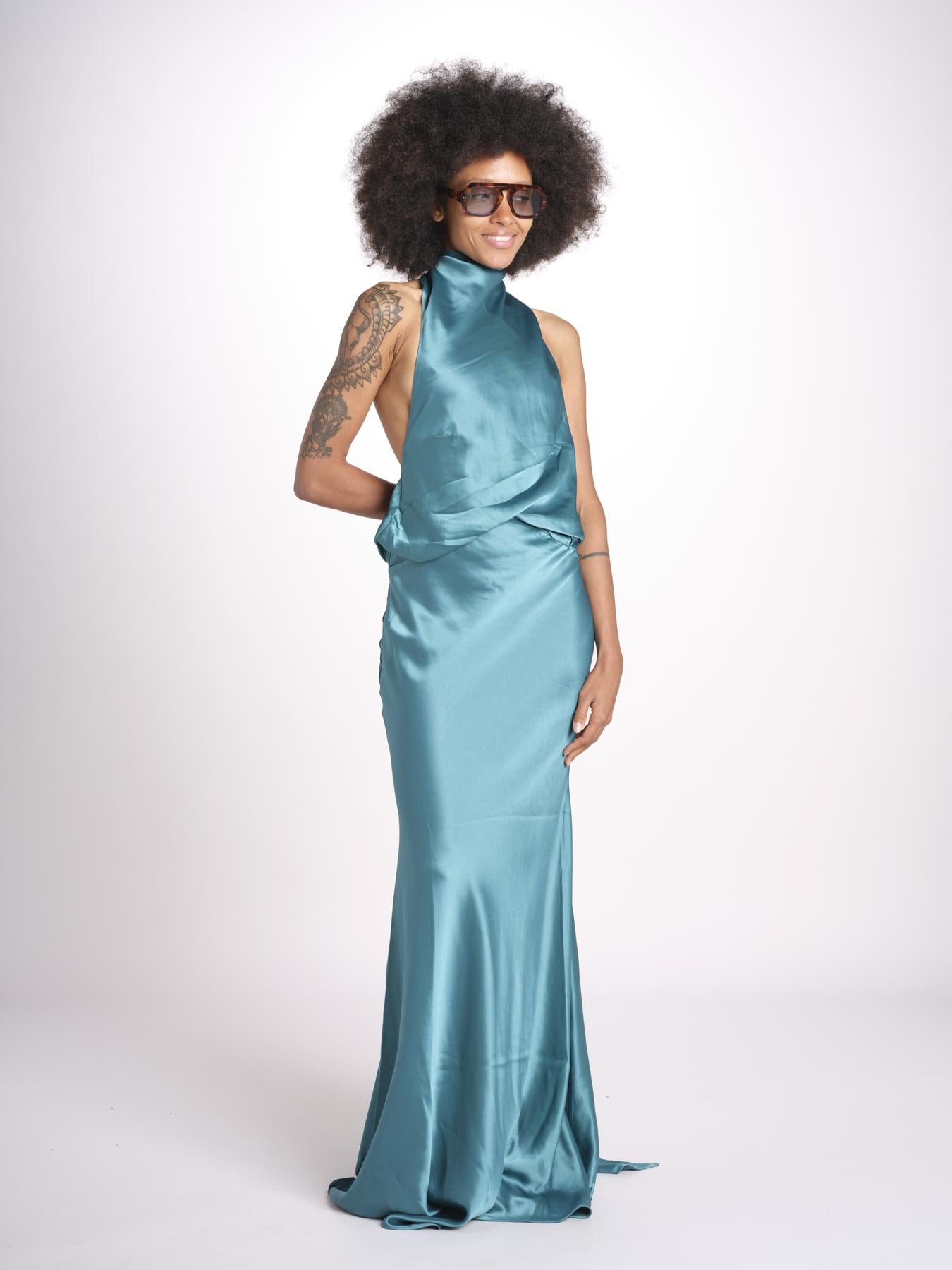 abito lungo in seta con nodo sul retro THE CAMERON DR287 TEAL BLUE misha 
