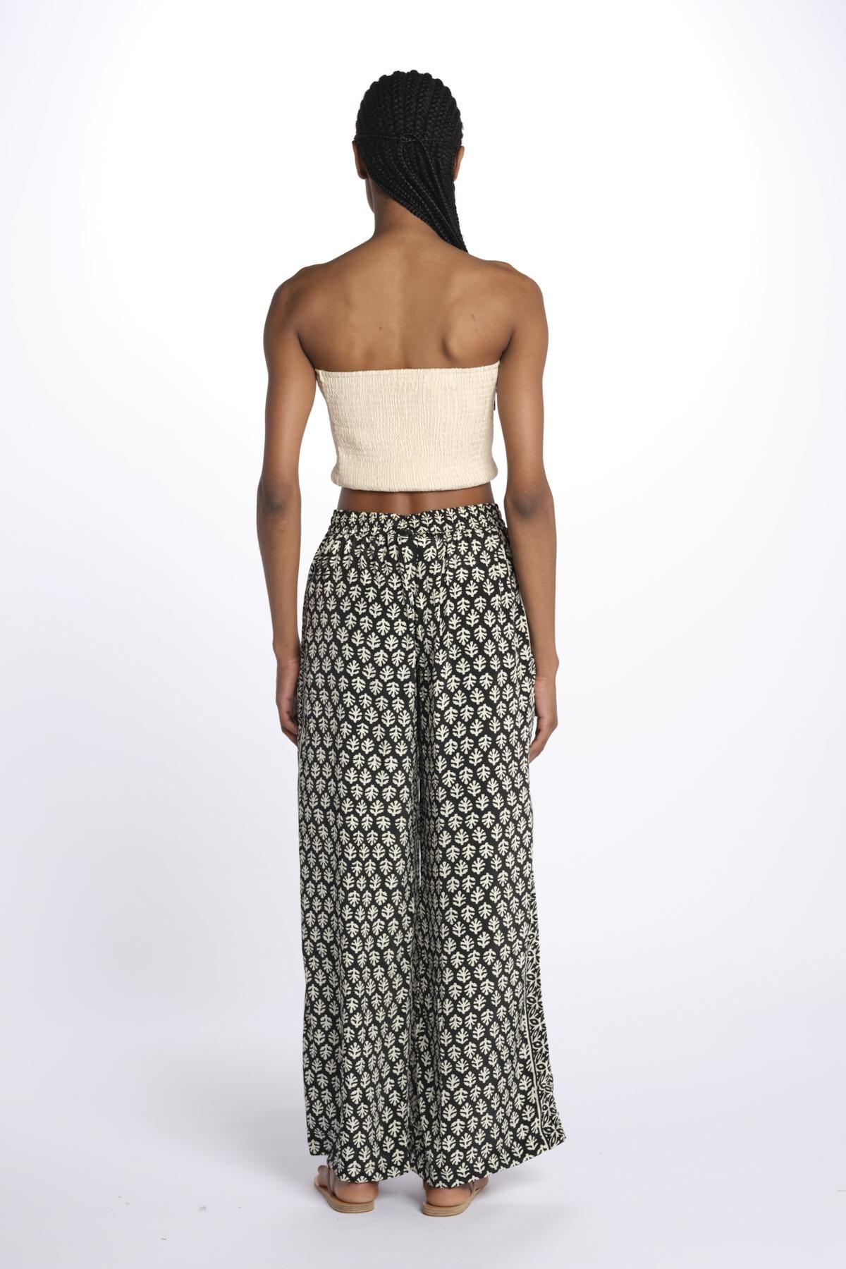 DAKOTA pantaloni con elastico in vita stampa foglie DAKOTA INDIAN BLACK laraethnics 