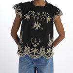 Top KINGSLEY ricamo fiori colombe 089 BLACK sea ny 