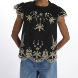 Top KINGSLEY ricamo fiori colombe 089 BLACK sea ny 