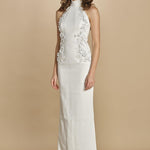 abito lungo collo alto con ricamo fiori. RVBR-1198 IVORY rebecca vallance 