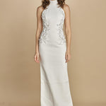 abito lungo collo alto con ricamo fiori. RVBR-1198 IVORY rebecca vallance 