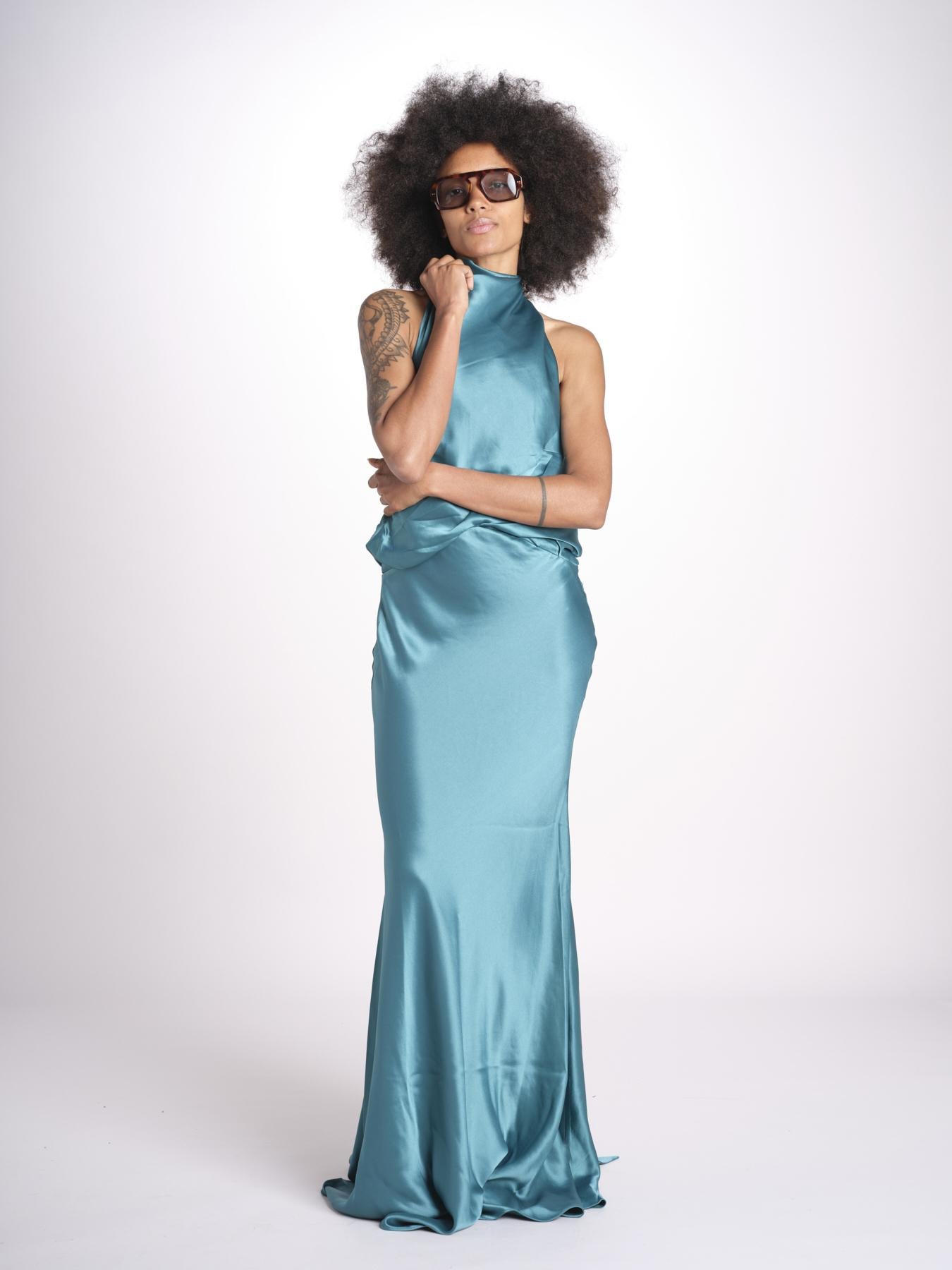 abito lungo in seta con nodo sul retro THE CAMERON DR287 TEAL BLUE misha 