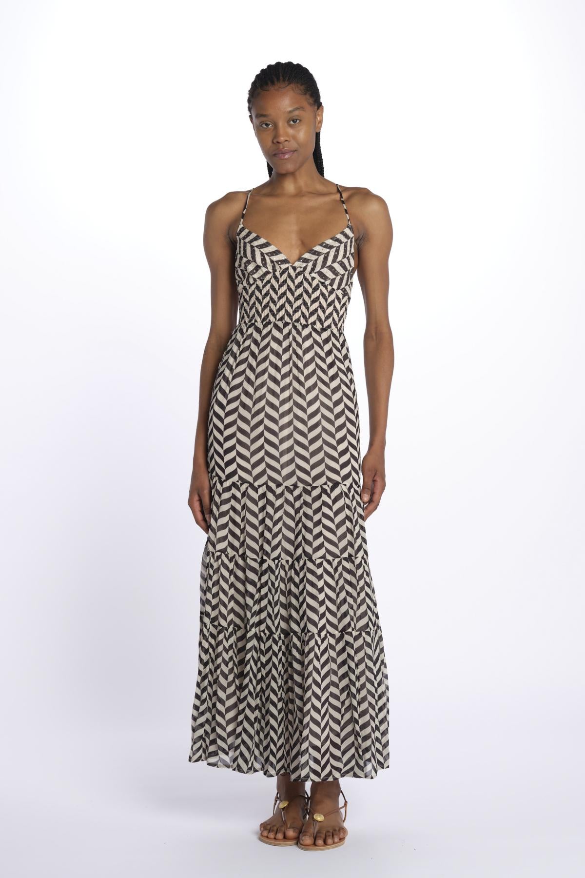 Abito DITTA lungo stampa zig zag S25022 BLACKANDWHITE sundress 