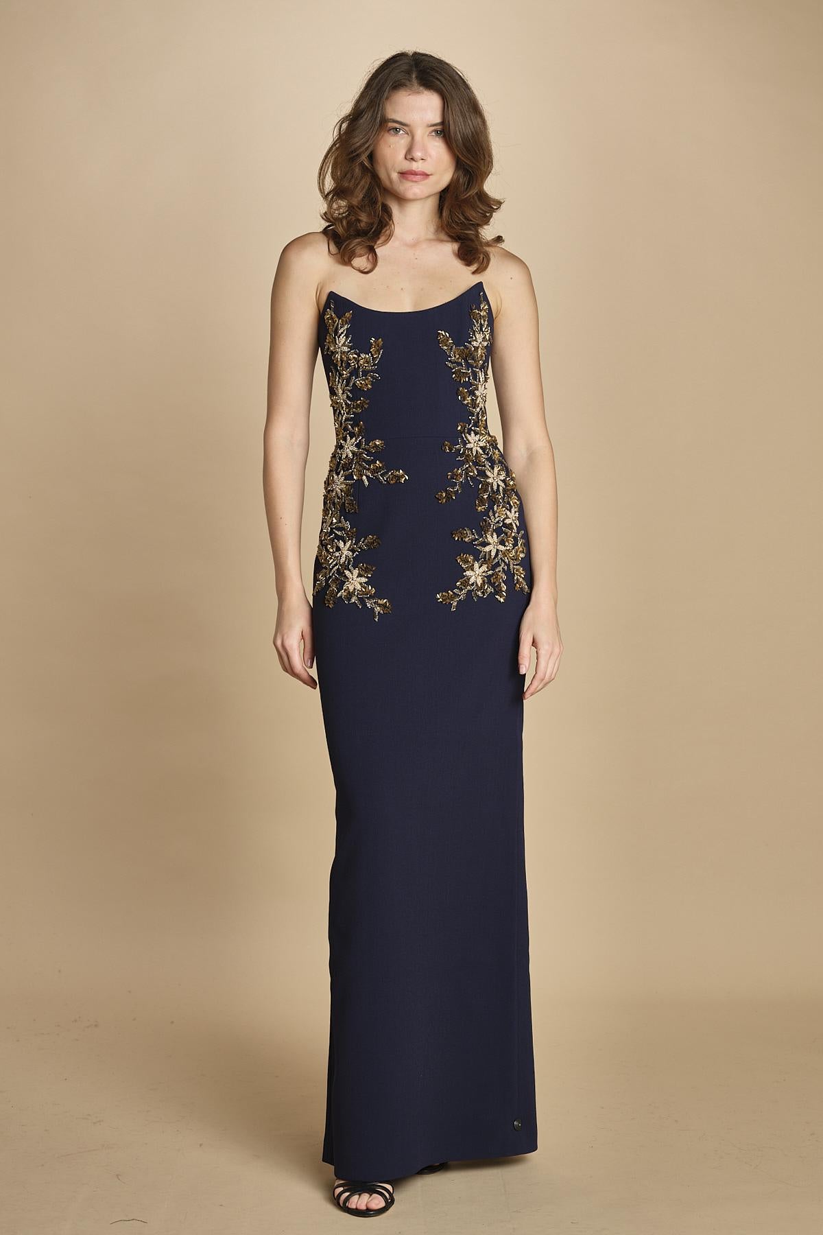 tubino lungo scollo punta ricamo fiore. RVBR-1190 NAVY rebecca vallance 