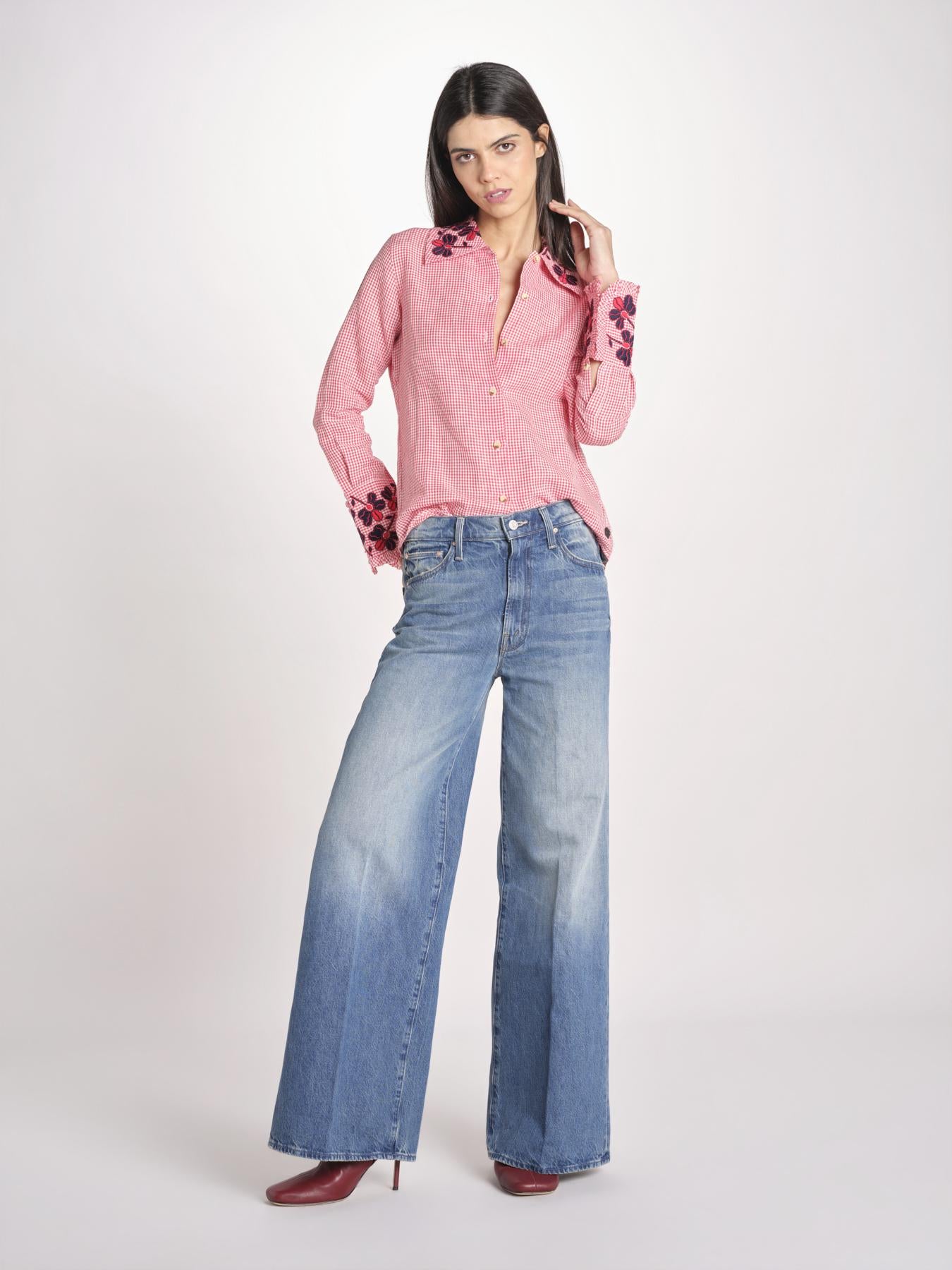 camicia in tessuto pesante collo e polsi ricamato ALVINA RED CHECKS jupe by jackie 