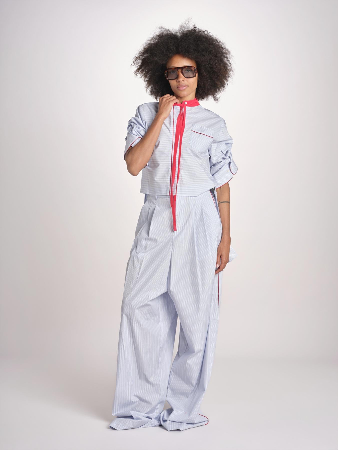camicia maniche corte a righe con piping BERTA LIGHT BLUE STRIPES jejia 