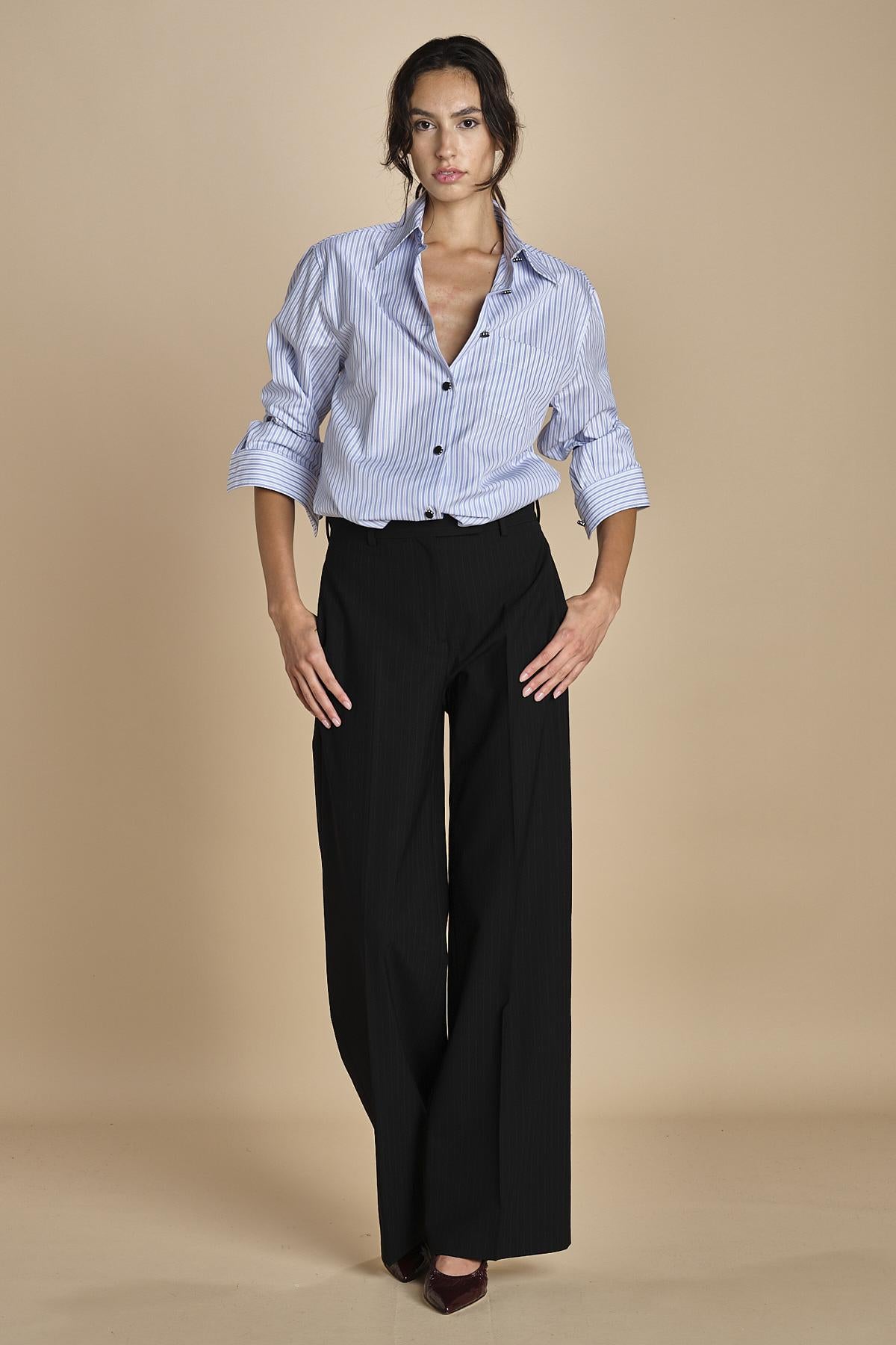 camicia di cotone a righe G022-1519-R1D1 AZZURRO n21 