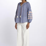 MANDAVILLA  camicia A QUADRI con fiori ricamati sulla manica by milaura. BE24913 BLUE WHITE benaras soleil 