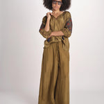 camicia in seta ricamo fiori BE25407 KHAKI BLU benaras soleil 