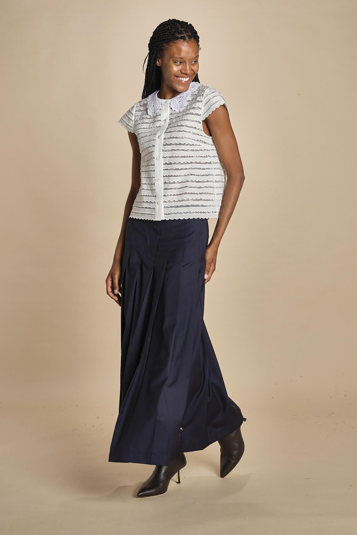 camicia a maniche corte con rouches e smerli G04152011102 BIANCO n21 