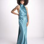 abito lungo in seta con nodo sul retro THE CAMERON DR287 TEAL BLUE misha 