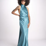 abito lungo in seta con nodo sul retro THE CAMERON DR287 TEAL BLUE misha 