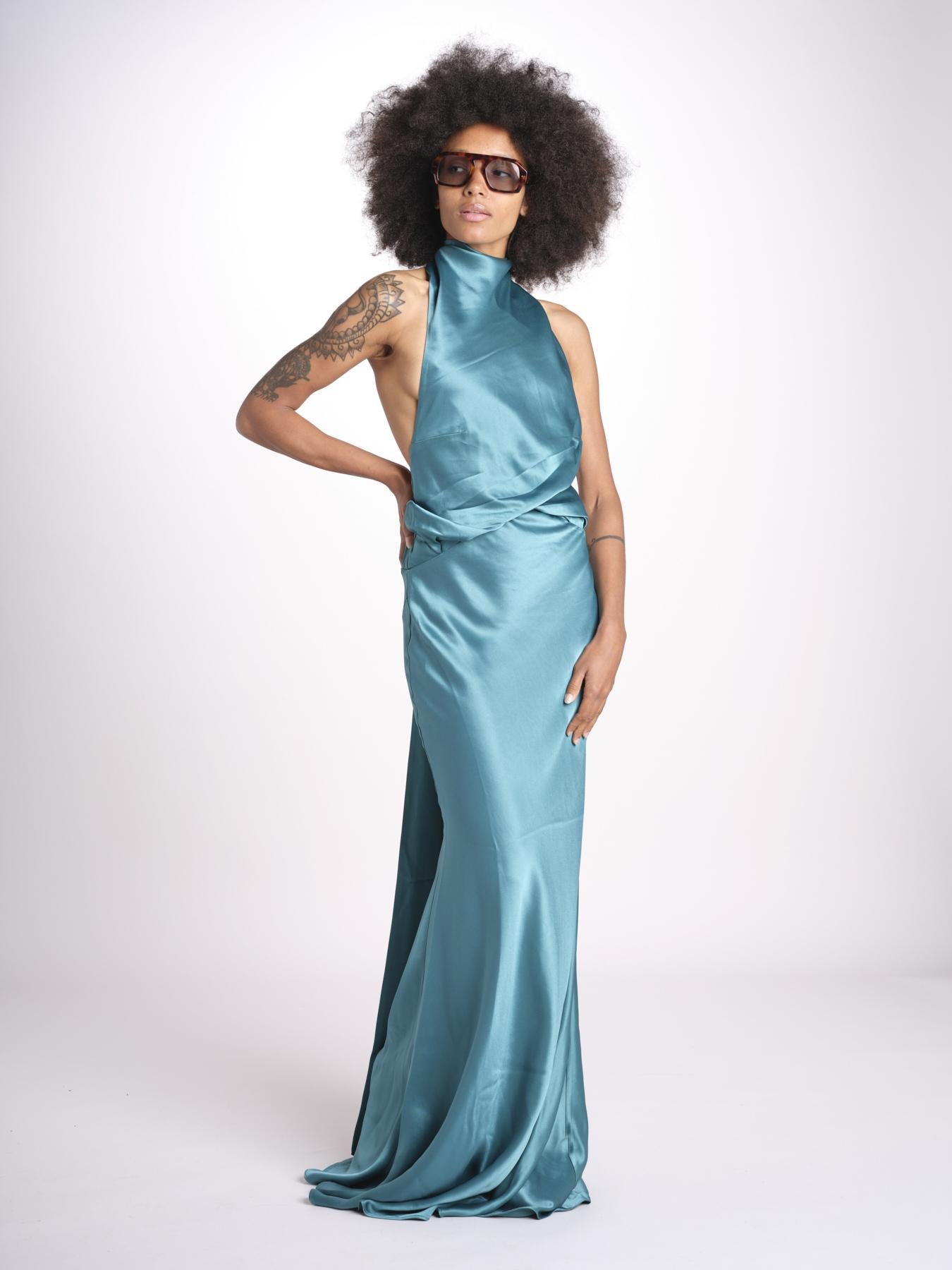 abito lungo in seta con nodo sul retro THE CAMERON DR287 TEAL BLUE misha 