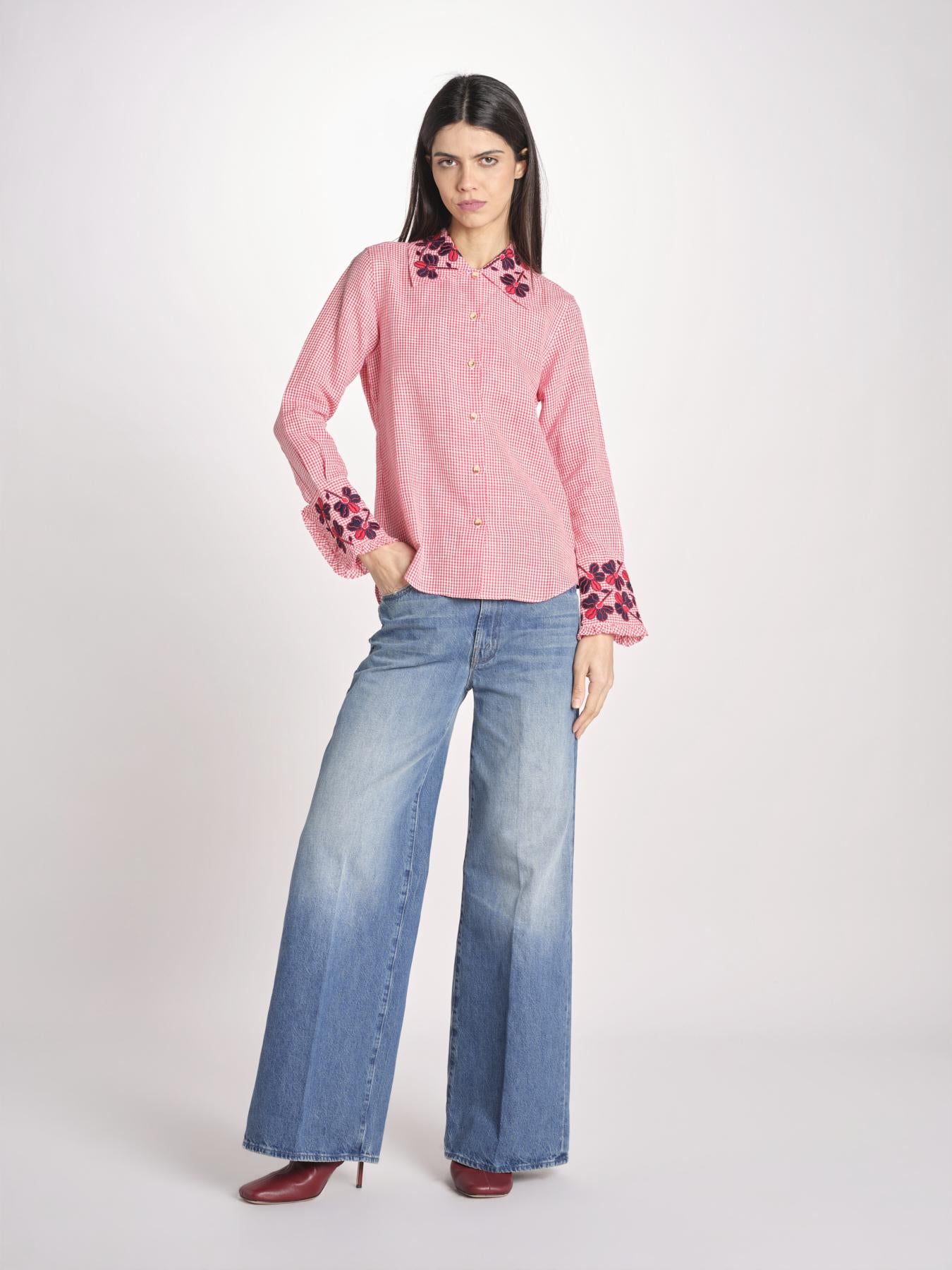 camicia in tessuto pesante collo e polsi ricamato ALVINA RED CHECKS jupe by jackie 