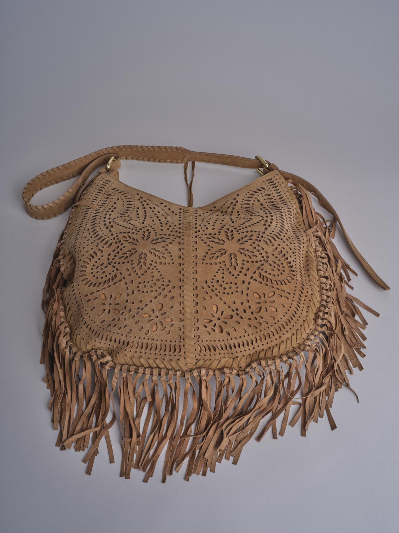borsa a tracolla con fiori laserati e frange NADINE SUEDE AB07 TABACCO via mail bag 