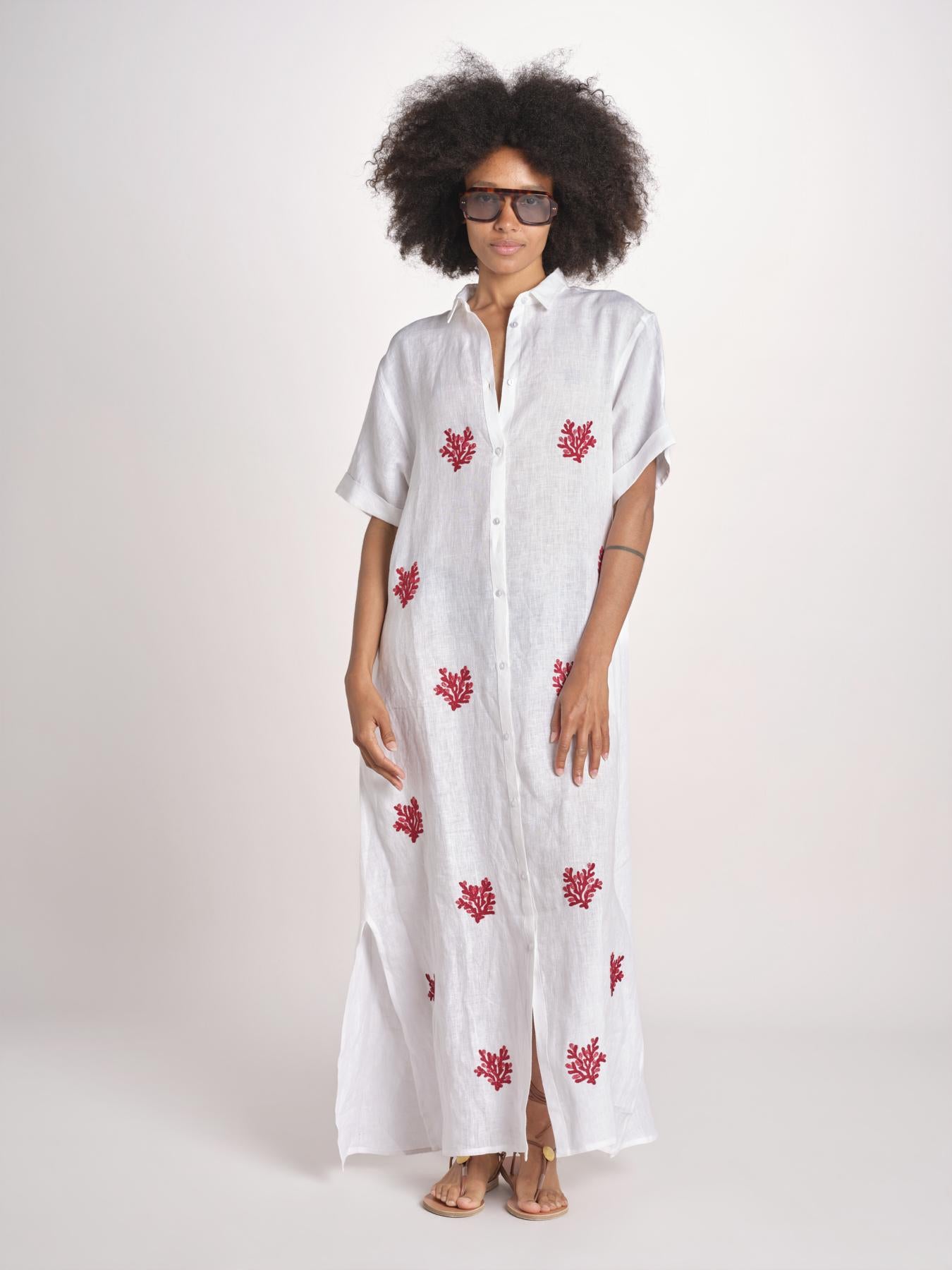 abito lungo con ricami coralli BE25254 WHITE RED benaras soleil 